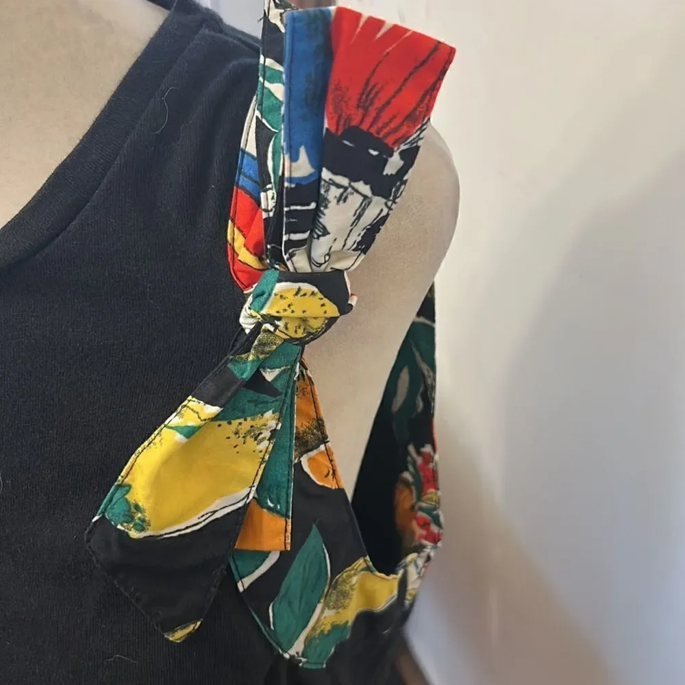 J Crew black sleeveless multicolored bow tie cotton blouse Size M EUC